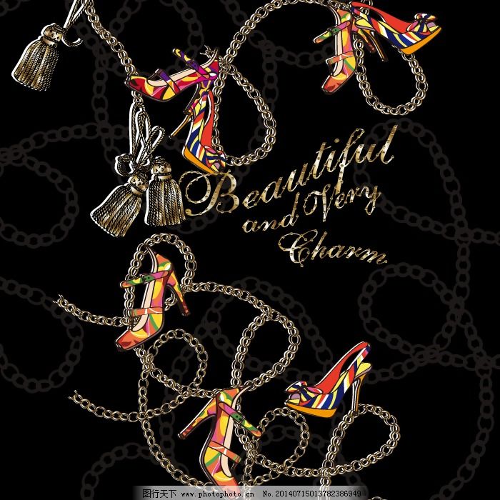 印花矢量图 生活元素 锁链 高跟鞋 英文 免费素