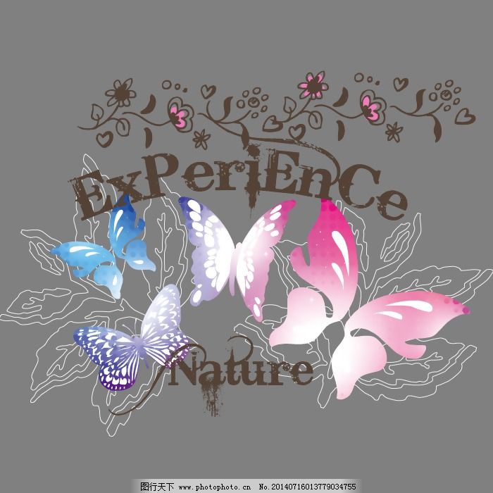 印花矢量图 动物 蝴蝶 英文 植物 免费素材