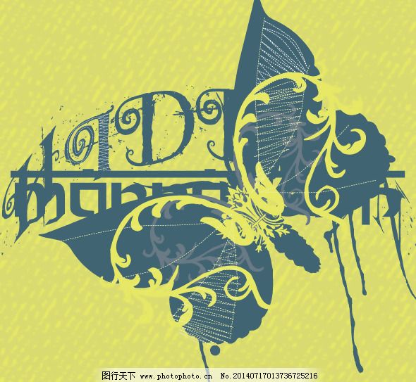 印花矢量图 蝴蝶 英文 鹅黄色 藏青色 免费素材