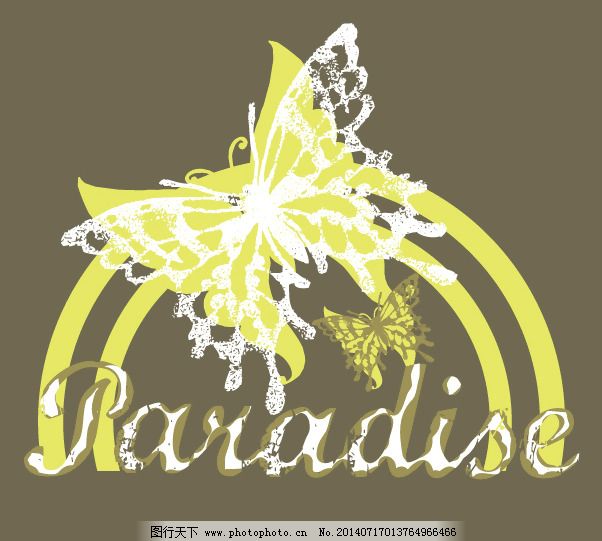 印花矢量图 蝴蝶 英文 鹅黄色 褐色 免费素材图