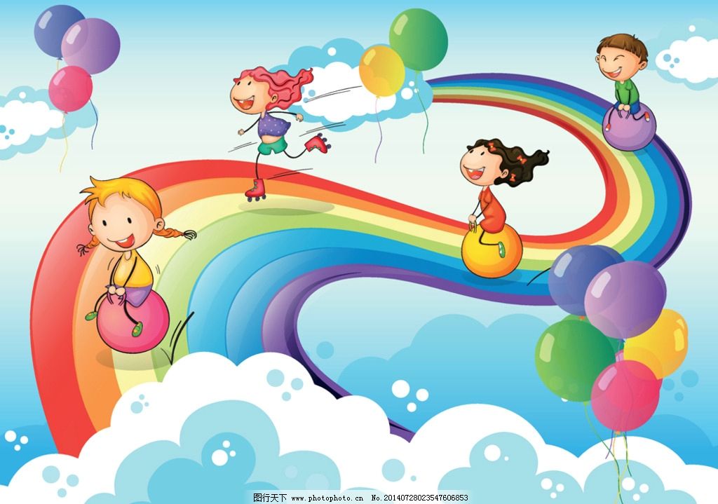 彩虹与可爱卡通女孩矢量素材儿童幼儿矢量人物|矢量素材 矢量人物