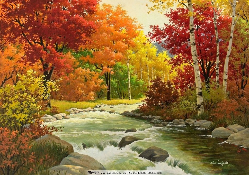 红叶树 金秋 枫叶 秋景 园林风景 自然风光 玻璃移门 仙境 壁画 绘画图片