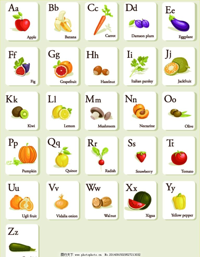 字母表 字母设计 英文字母 水果 蔬菜 手写 英语字母表 拼音
