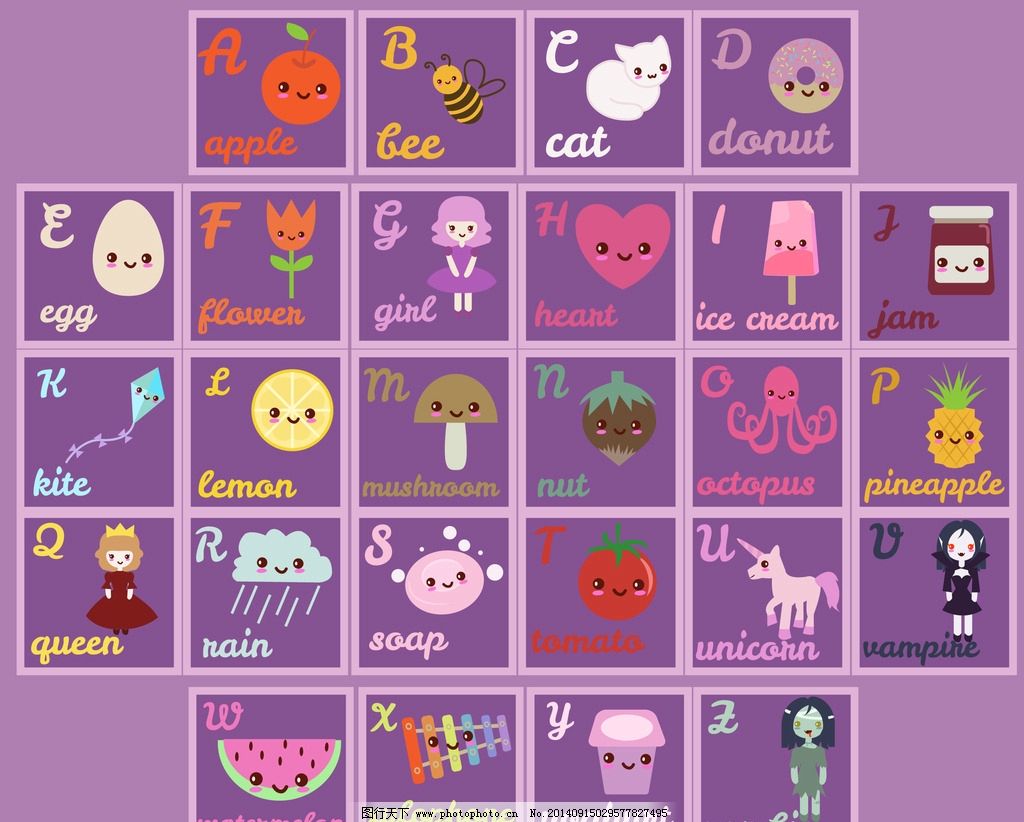 字母表图片,字母设计 英文字母 卡通水果 手写